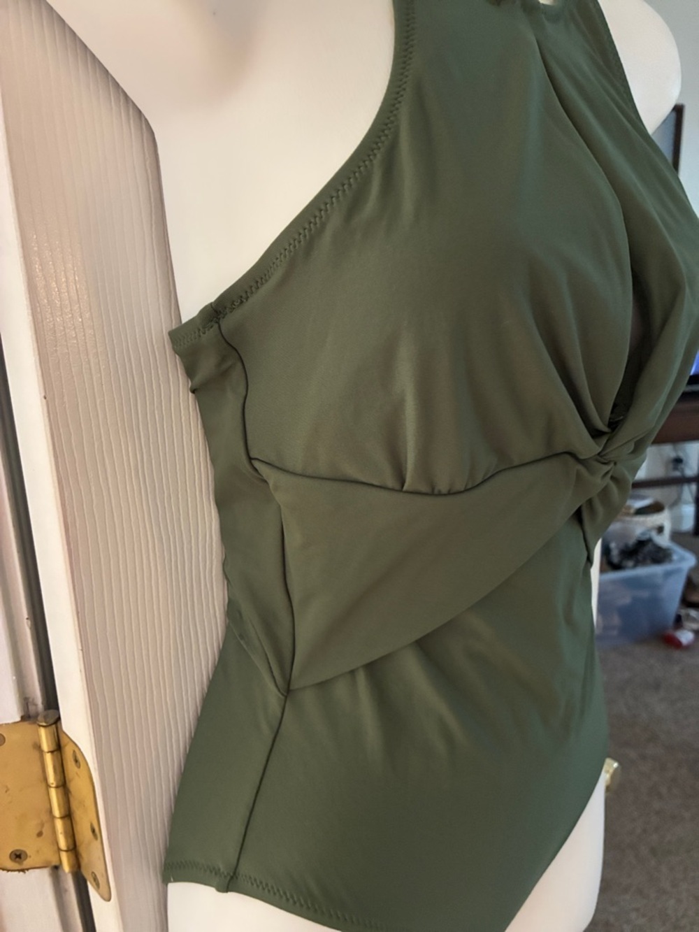 Helen Jon Olive Green One-Piece Swimsuit with Gold Logo No Padding SZ S - Picture 2 of 7
